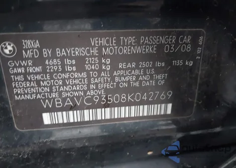 2008 BMW 328Xi z USA, uszkodzony, nr VIN WBAVC93508K042769